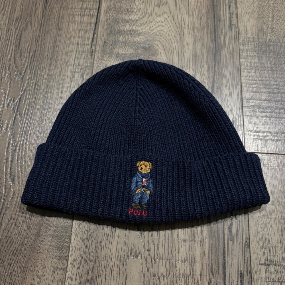 Polo Ralph Lauren Polo Bear Beanie Mens OS Navy Blue Ribbed Knit Hat Excellent